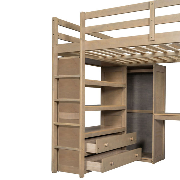English Elm Wood Full Loft Bed with Integrated Wardrobe Desk Shelving and Drawers for Teen Rooms Walnut GX000466AAD-1