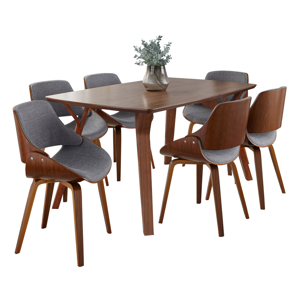 English Elm Folia Mid-Century Modern 7-Piece Dining Set with Walnut Table and Upholstered Fabric Chairs, Sleek Design Grey,Multicolor B202S01438