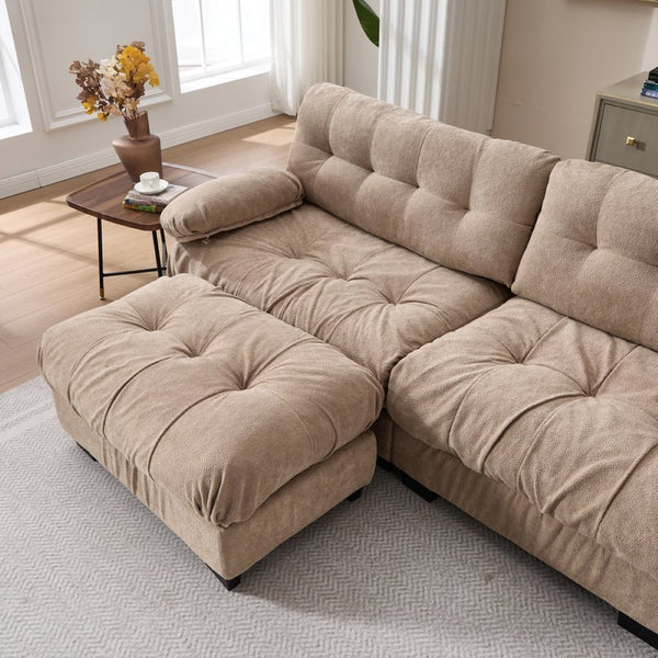 English Elm Modular Cloud Sofa Deep Seat Flannelette Sectional with Round Armrests for Living Room Light Brown W2120S00046