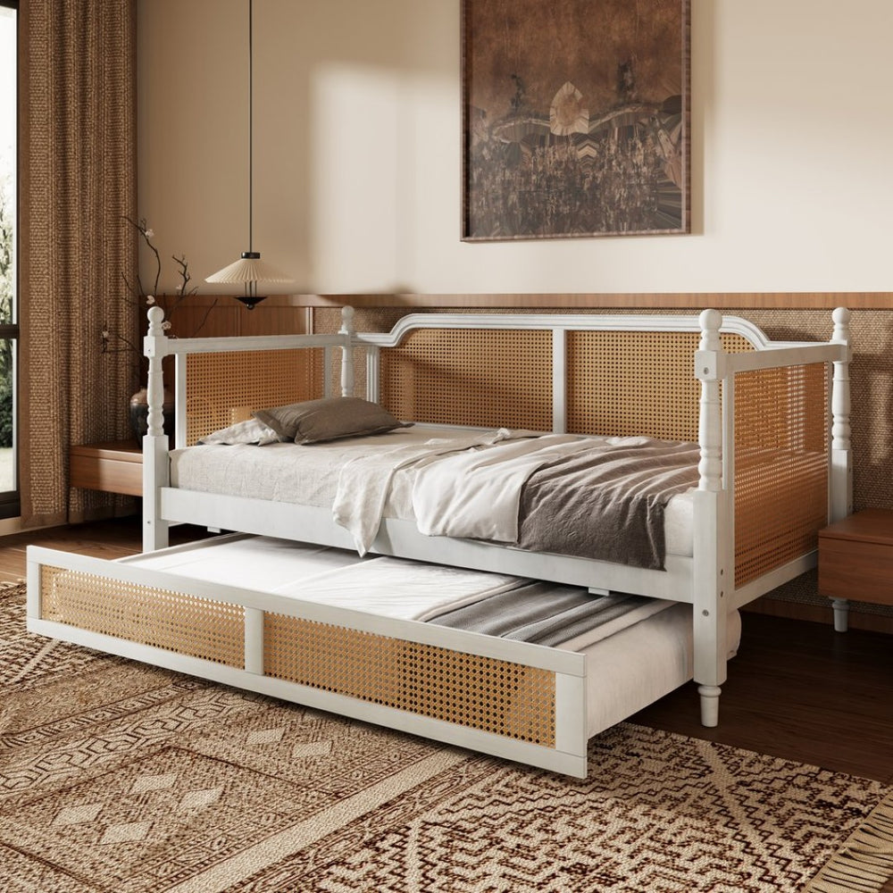 English Elm Traditional Rattan Headboard Twin Daybed Pine Frame with Under Bed Storage Drawers BS701P193919K