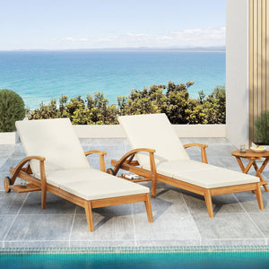 English Elm Christopher Knight Home® - OUTDOOR Rustic Acacia Chaise Lounge Set with 2" Cream Cushion, 4-Position Recline, Wheels & Foldable Side Table N770P261514T_N770P261552T