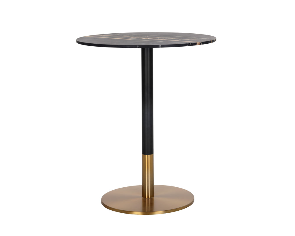 Sunpan Massie Round Bar Table – Art Deco Style with Elegant Black Marble Top and Striking Gold Accents