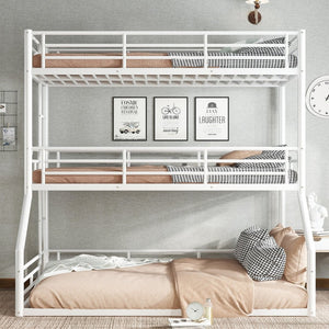 English Elm Twin Triple Metal Bunk Bed Matte Powder Coated Frame with Full Safety Guardrails Light White W1580S00585