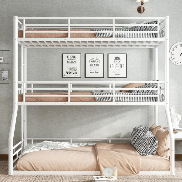 English Elm Twin Triple Metal Bunk Bed Matte Powder Coated Frame with Full Safety Guardrails Light White W1580S00585