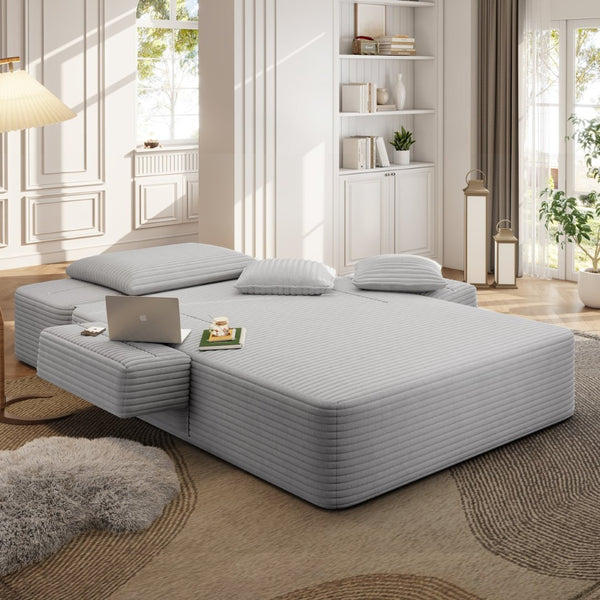 English Elm Luxurious Corduroy Convertible Chaise Lounge Sofa Bed with Foam Support for Apartments Light Grey W3219P449013