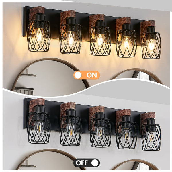 English Elm 31" Industrial Vintage 5-Light Wall Sconce Black Cage with Walnut Wood Accents for Bathroom Hallway W2312P374839