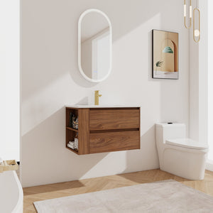English Elm 30" Wall Mount Bathroom Vanity With Ceramic Sink & Soft-Close Drawers For Modern Storage Solutions W999S00207