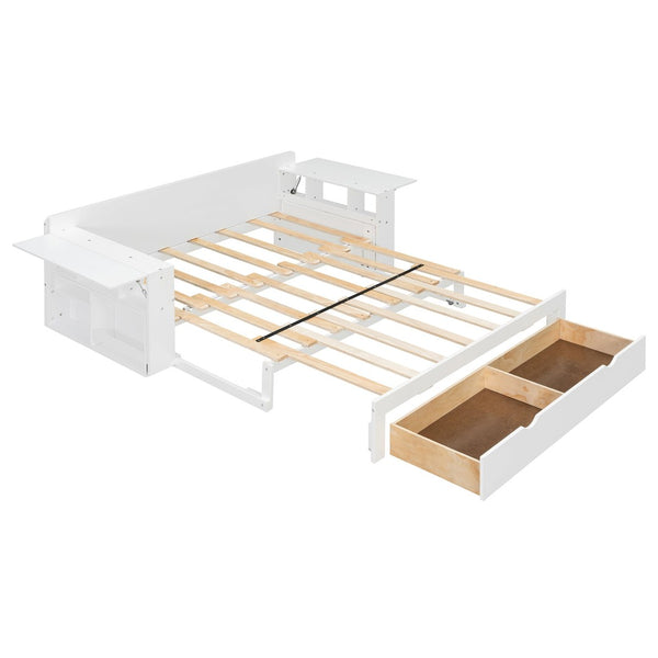 English Elm Full Size Daybed with Hydraulic Desk Armrests Storage Drawer and Sofa Seating White LT000271AAK