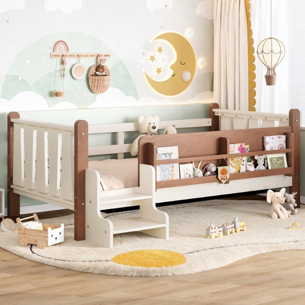 English Elm Twin Pine Floor Bed for Kids with Side Bookcases Built-in Stairs and Safety Guardrails Beige W1580P390214