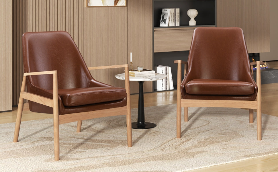 English Elm U-Can Mid-Century PU Leather Armchair Set of 2 with Solid Wood Frame, High-Back Comfort & Style SJ000145AAD