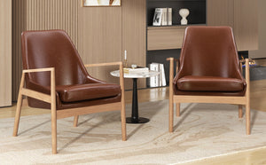 English Elm U-Can Mid-Century PU Leather Armchair Set of 2 with Solid Wood Frame, High-Back Comfort & Style SJ000145AAD