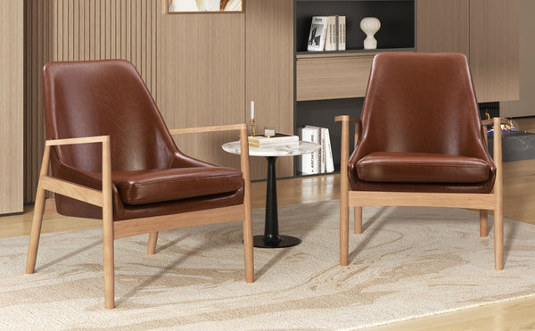 English Elm U-Can Mid-Century PU Leather Armchair Set of 2 with Solid Wood Frame, High-Back Comfort & Style SJ000145AAD