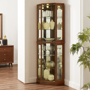 English Elm 6 Shelf Corner Curio Cabinet with Interior Lighting, Mirrored Back, Glass Shelves for Displays Walnut W1693P165021