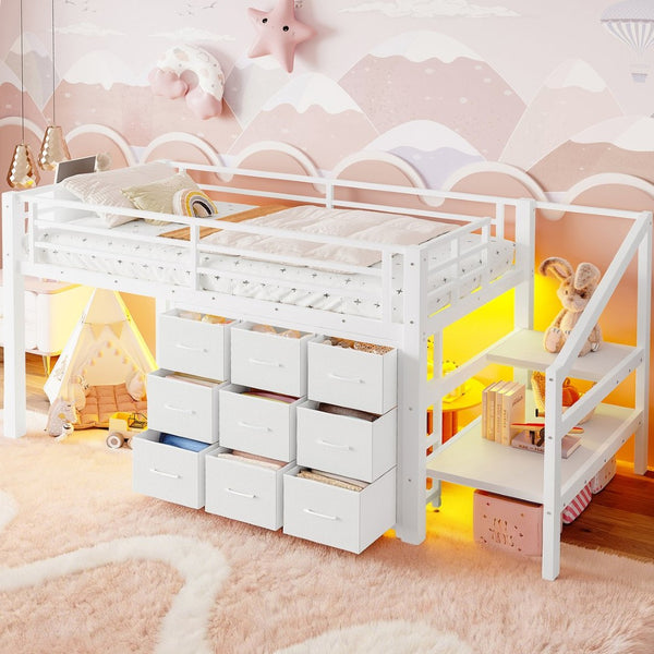 English Elm Twin Metal Low Loft Bed with Storage Stairs Fabric Drawers and Built-in Lights Light White W5305S00044