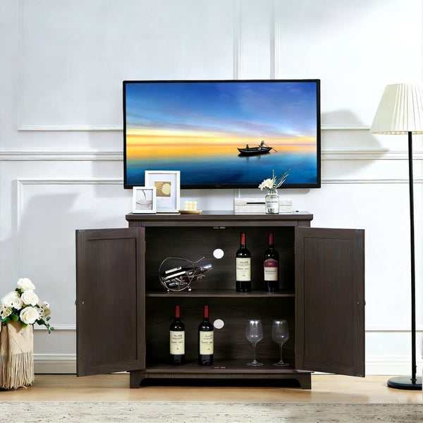 English Elm Elegant Mirrored Sideboard with Butterfly Carved Doors Wood Grain Finish Dining Storage Dark Brown W2899P372739