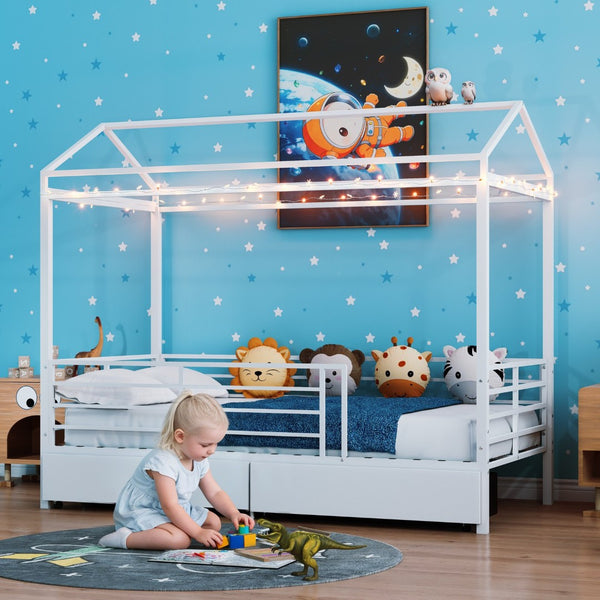 English Elm Metal Twin Over Bunk Bed with Full Guardrail Ladder and Convertible Iron Frame W3752S00016