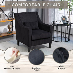 English Elm COOLMORE Modern Accent Chair with Plush Corduroy Upholstery, Solid Wood Frame and Two Pillows Black W395P195364