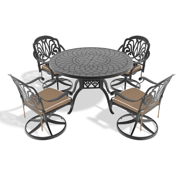 English Elm 5-Piece All-Weather Cast Aluminum Dining Set With 4 Swivel Chairs & Cushions For Ultimate Comfort W1710S00443