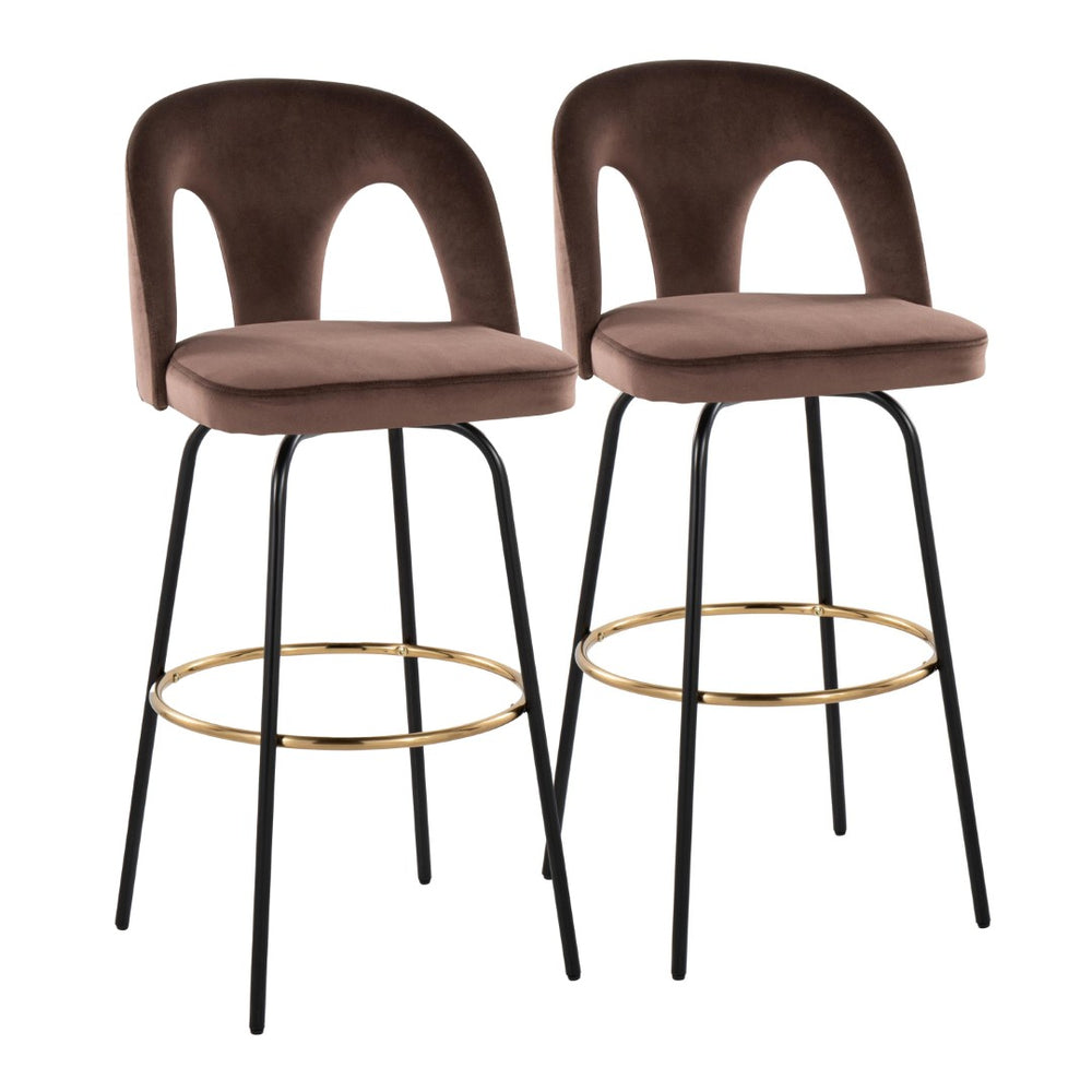 English Elm Fixed-height Swivel Barstools with Gold Footrest Black Frame White Upholstery Set Espresso B202S01884