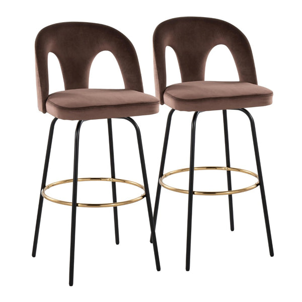 English Elm Fixed-height Swivel Barstools with Gold Footrest Black Frame White Upholstery Set Espresso B202S01884