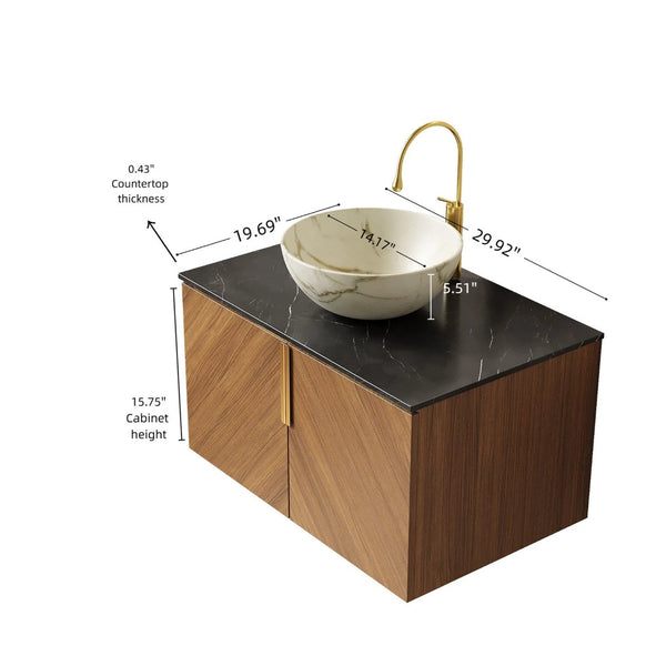 English Elm Muri Floating Bathroom Vanity Plywood Cabinet Sintered Stone Top Oak Drawer W2615S00545