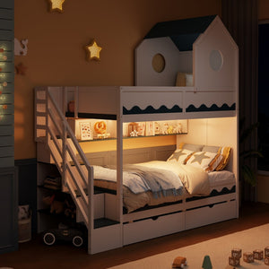English Elm Twin Over Kids Bunk Bed with Castle Roofline Led Lights and Staircase Storage White N820S00068K