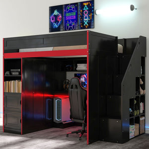 English Elm Gaming Full Loft Bed with Built-in Desk Led Lights and Storage for Teen Rooms N709P004103J
