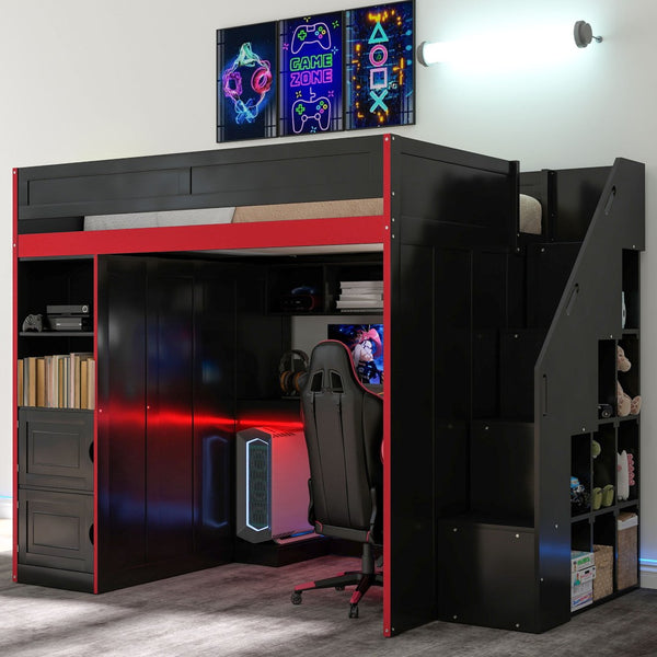 English Elm Gaming Full Loft Bed with Built-in Desk Led Lights and Storage for Teen Rooms N709P004103J