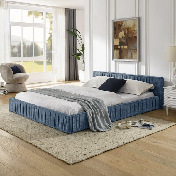 English Elm Queen Upholstered Platform Bed With Pleated Chenille Headboard - Sturdy Support, No Box Spring Needed W487S00338-GIGA