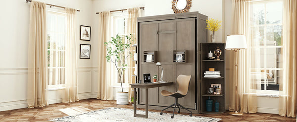 English Elm Rotating Murphy Wall Bed with Convertible Desk Dual Side Shelves Full Size Mdf Cabinet Gray LP000961AAE