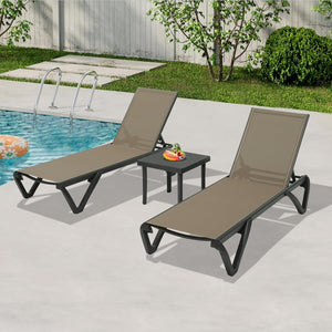 English Elm Pool Aluminum Chaise Lounger Set of 2 with Side Table, Weatherproof Textilene, Adjustable Recline, Wheels khaki W1859P396061