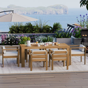 English Elm Trexm Acacia Wood Outdoor Dining Set Seats Six with Washable Cushions Umbrella Ready Beige,Light Teak TM000022AAD