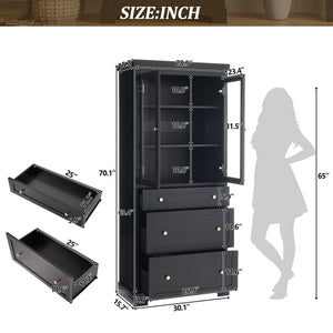 English Elm 70.1" Modern Tall Storage Cabinet with 3 Drawers, 2 Adjustable Shelves, Soft-Close Glass Doors, Gold Handles Black N729P271979B