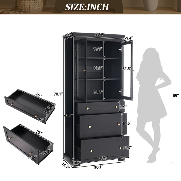 English Elm 70.1" Modern Tall Storage Cabinet with 3 Drawers, 2 Adjustable Shelves, Soft-Close Glass Doors, Gold Handles Black N729P271979B