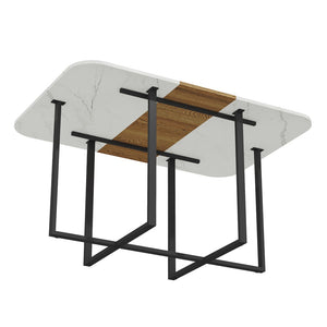 English Elm Modern Faux Marble Walnut Dining Table Geometric Black Base Seats Six W3875P372866
