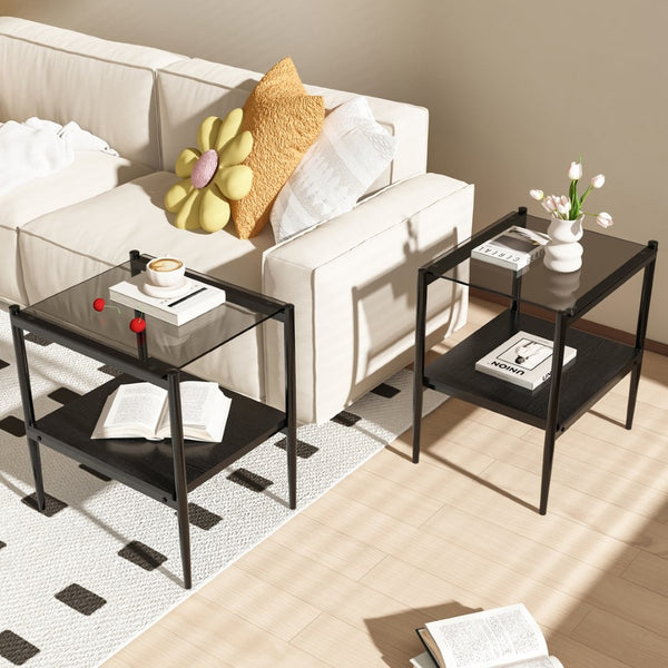 English Elm Set Of 2 Rectangle End Tables With Gray Tempered Glass Top & Mdf Shelf – Modern Living Room Decor W241P184251-GIGA