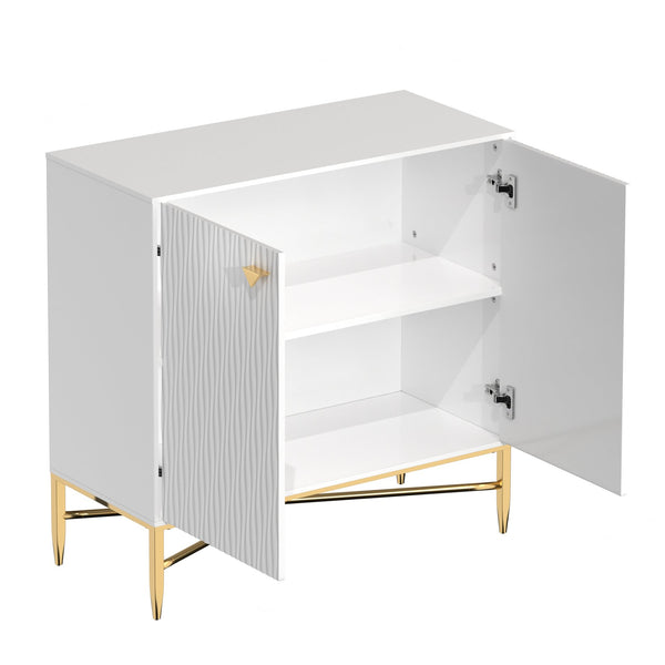 English Elm 2 Door White Locker Accent Cabinet with Gold Spindle Legs, Diamond Ripple Doors, Adjustable Shelves, Modern Storage Elegance T3609P347437