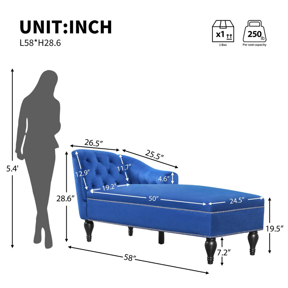 English Elm 58'' Velvet Chaise Lounge Tufted Right Arm Sleeper with Nailhead Trim Turned Wood Legs N723P431292C