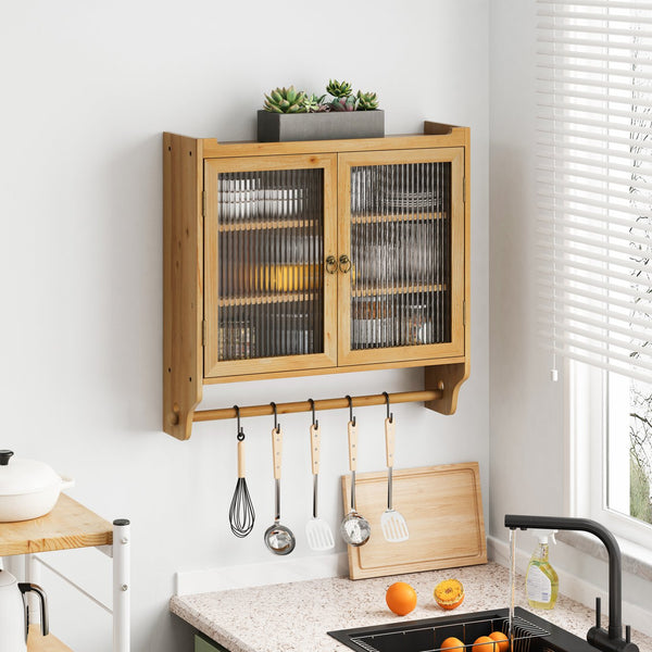 English Elm 24.8''Glass Vintage Double Door Wall Cabinet with 3-Tier Solid Wood Storage, Towel Rack, Natural W757P170145