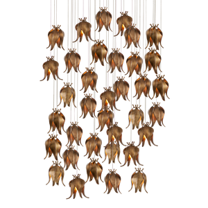 Iota Round Multi-Drop Pendant Light - Elegant Antique Brass Flower Bud Design for Modern Spaces