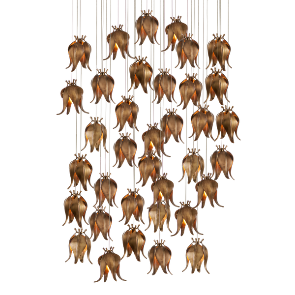 Iota Round Multi-Drop Pendant Light - Elegant Antique Brass Flower Bud Design for Modern Spaces