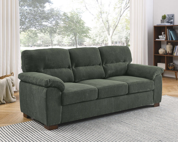 English Elm Vintage Three‑Seat Sofa with Tufted PU Leather, Rolled Arms & Sturdy Wooden Legs for Cozy Living Rooms Antique Green B343S00038