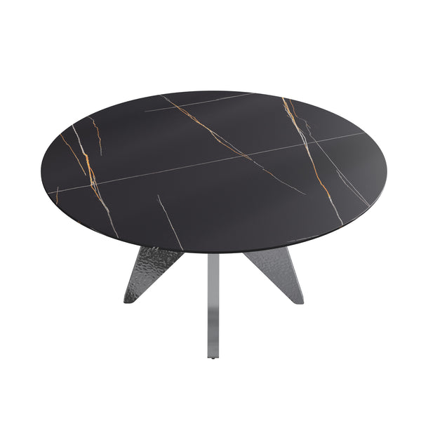 English Elm 59.05" Round Marble Dining Table - Stylish Silver Stainless Steel Base For 6-8 People, Durable Design W1535S00391