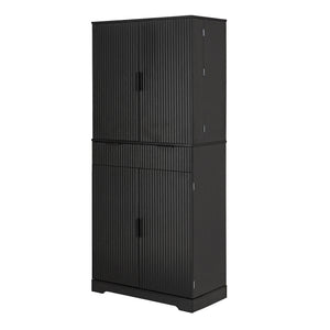 English Elm 72" Fluted Kitchen Pantry Cabinet with Anti-Tilt Stabilizers, Triple-Fold Hinges, Spice Door Racks and Deep Storage Black W2917P294985