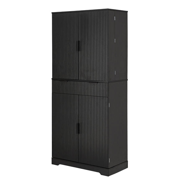 English Elm 72" Fluted Kitchen Pantry Cabinet with Anti-Tilt Stabilizers, Triple-Fold Hinges, Spice Door Racks and Deep Storage Black W2917P294985