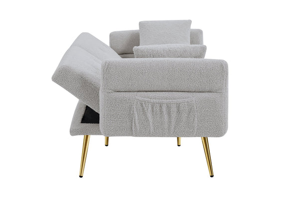 English Elm Modern Teddy Upholstered Loveseat Sofa Bed with Adjustable Backrest, Foldable Armrests & Gold Legs Grey W1117P303446
