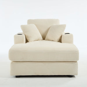 English Elm [New]Corduroy Chaise Lounge Sofa with Cup Holders,Detachable Cushions,Deep SeatMagazine Bag Beige W2120P322752