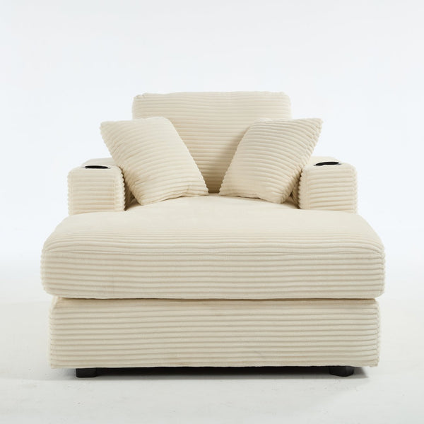 English Elm [New]Corduroy Chaise Lounge Sofa with Cup Holders,Detachable Cushions,Deep SeatMagazine Bag Beige W2120P322752
