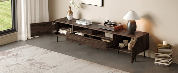 English Elm 78 Inch Walnut Media Console with Slatted Doors Iron Legs and Cable Management N710P373591Q