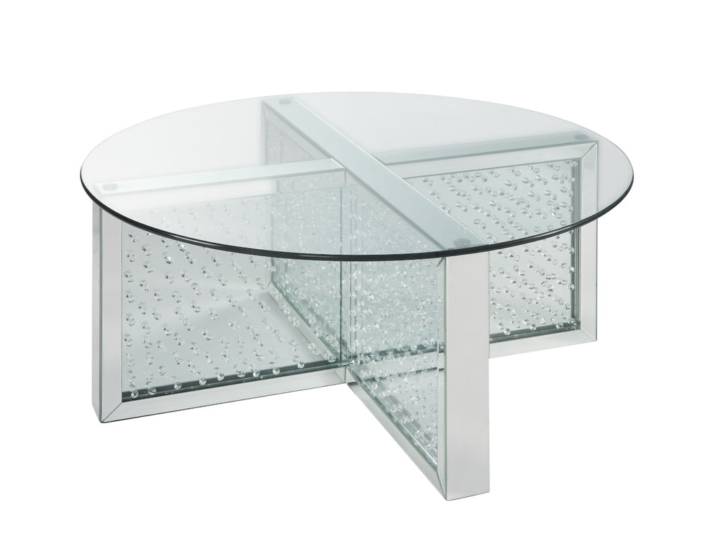 English Elm Nysa Glam Mirrored Coffee Table with Faux Crystal X Base and Tempered Glass Top B2726P453252